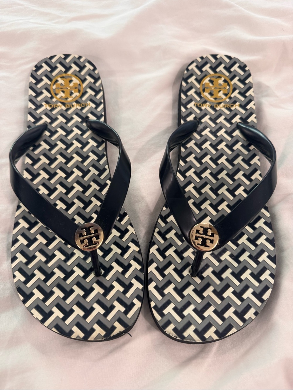 Tory Burch Black and White Logo Pattern Flip Flop Sandals